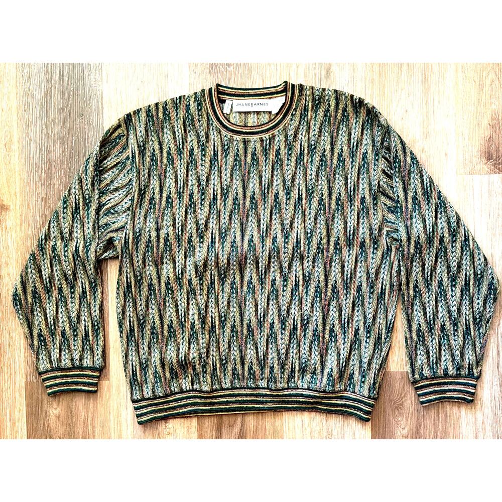Vintage Jhane Barnes Geometric Artwear Sweater green brown Wool Blend 90s sz L